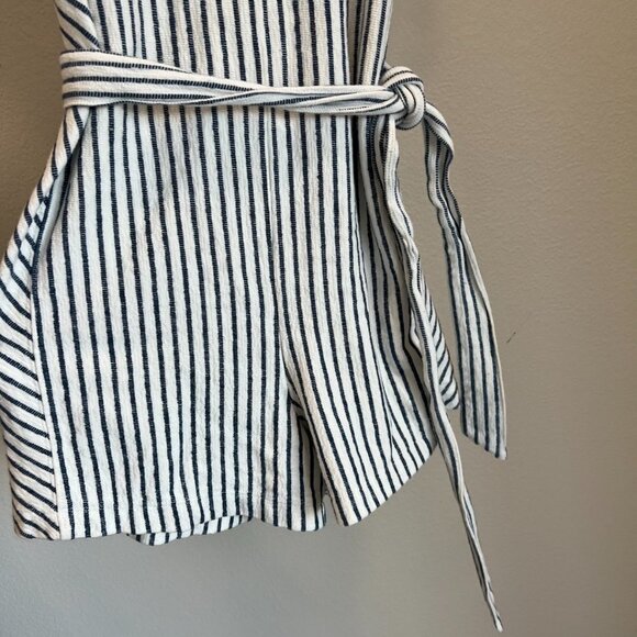 Splendid White & Navy Blue Striped Sleeveless V Neck Belted Onesie Romper - Picture 4 of 7